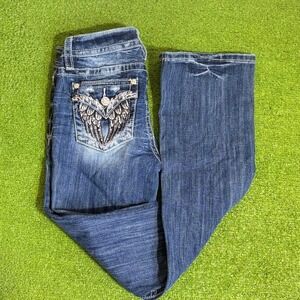Miss Me Jeans Mid Rise Bootcut Angel Wings Faux Flap Pockets Denim Blue Size 26